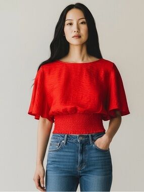 FREE PEOPLE Stella Open Back Blouse Top Red Cropped Tie Crinkle Small